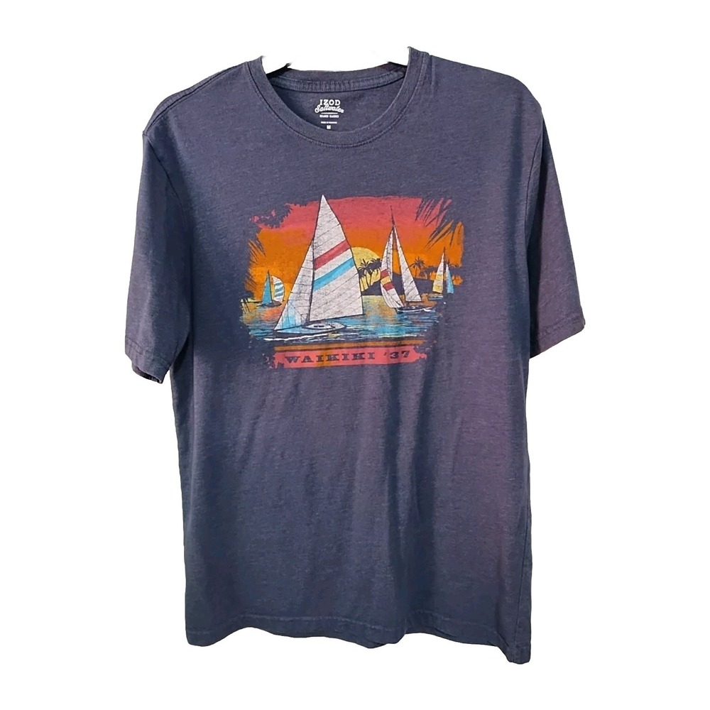 Izod Saltwater Waikiki '37 T-shirt‎ Men's Size M Gray Graphic Crew Neck Novelty